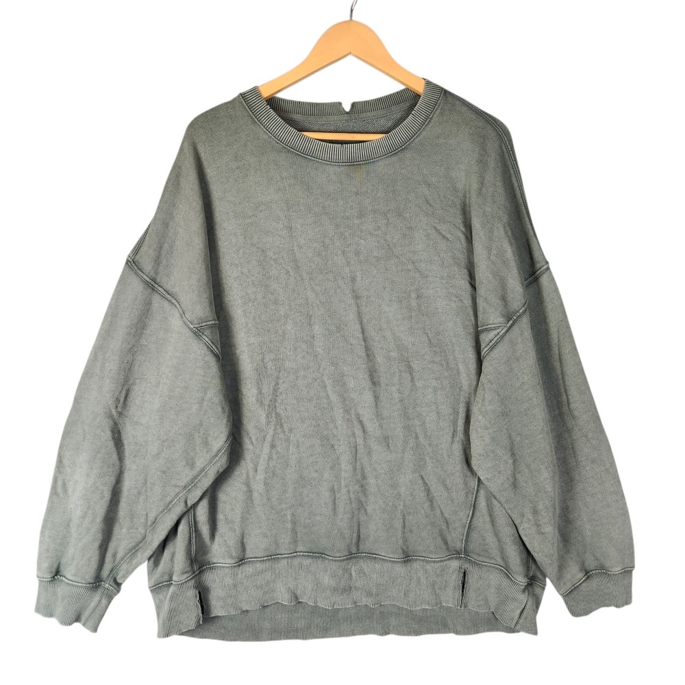 Aerie Sweatshirt XL Green Oversized Acid Wash Distressed Crewneck Pullover